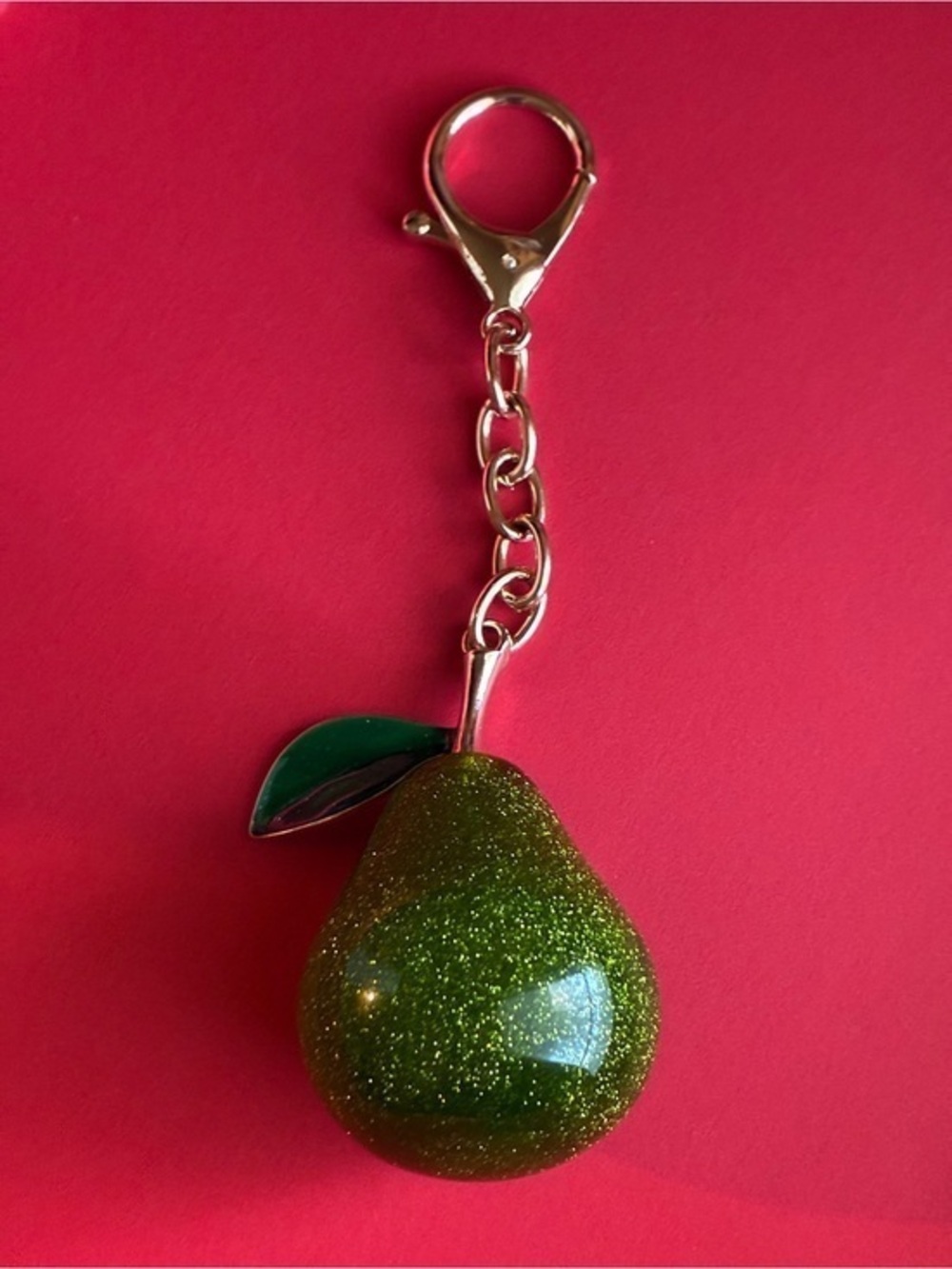 Glitter Green Pear Keychain Charm with Enamel Leaf
